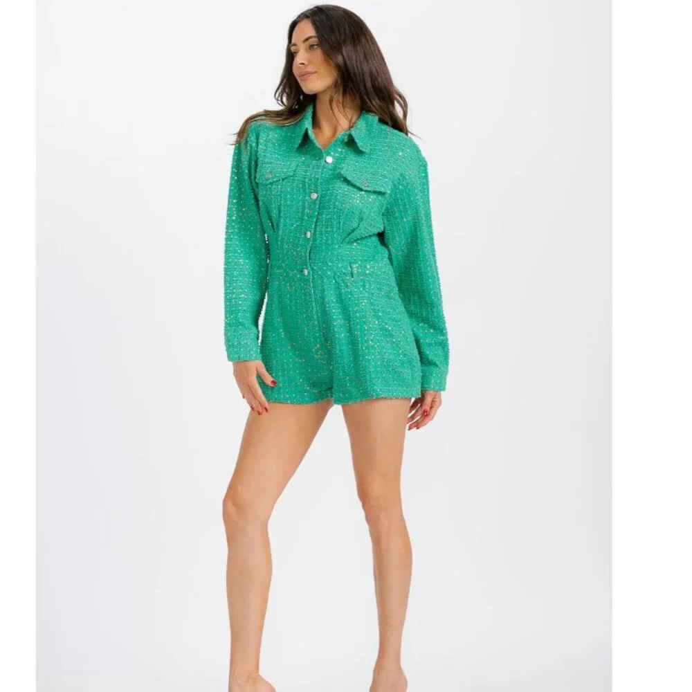 Textured Green Long-Sleeve Romper - Picture 2 of 5